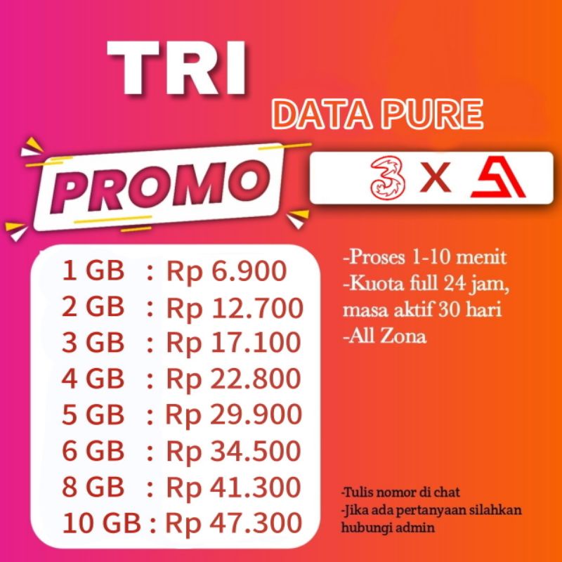 PAKET DATA PURE TRI / THREE PROMO | FULL 24 JAM | 30 HARI | ALL ZONA 1 GB 2 GB 3 GB 4 GB 5 GB 6 GB 8