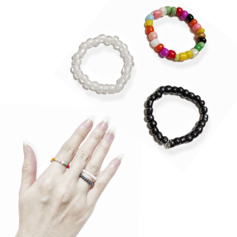 Cincin Beads Elastis Basic Polos Colorful Black White Elastic Ring