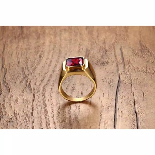 Cincin Pria Octagon Minimalis Ring Titanium Stainless Steel Warna Gold Batu Akik Merah Red Ruby