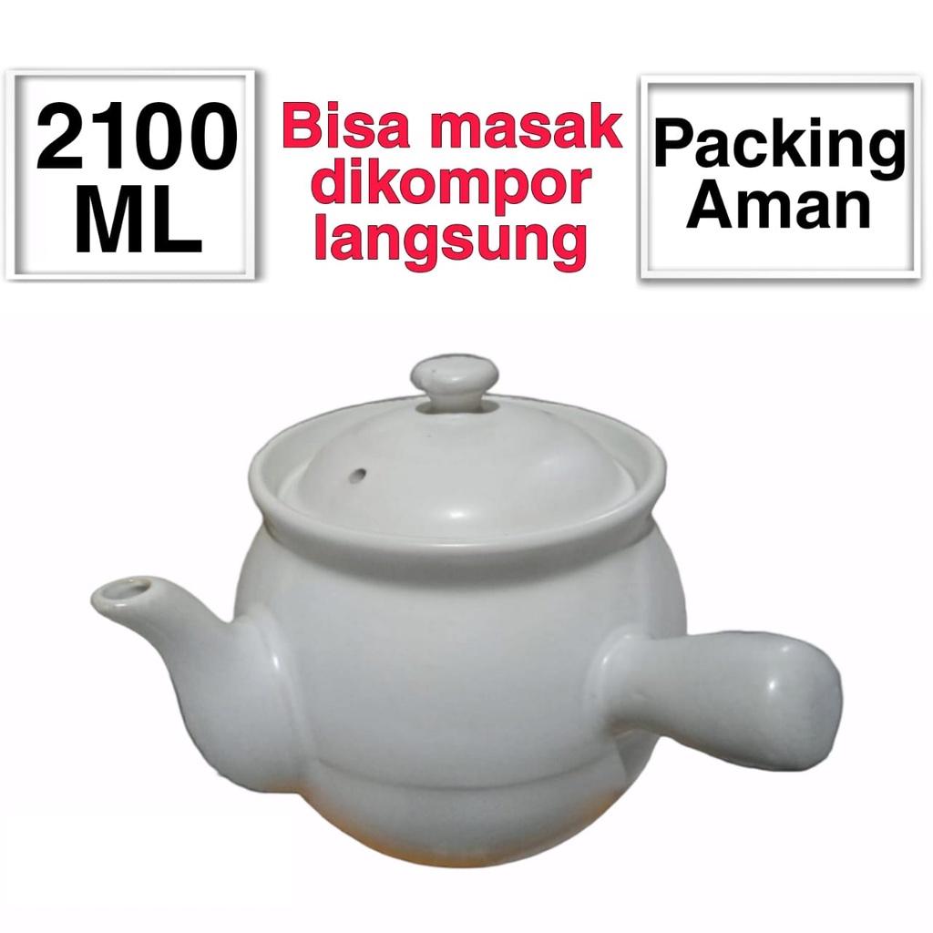 Panci Sapo Teko Keramik Putih Masak Obat Herbal 2100 ml Kangshu Saringan Godok Obat China Besar Taha