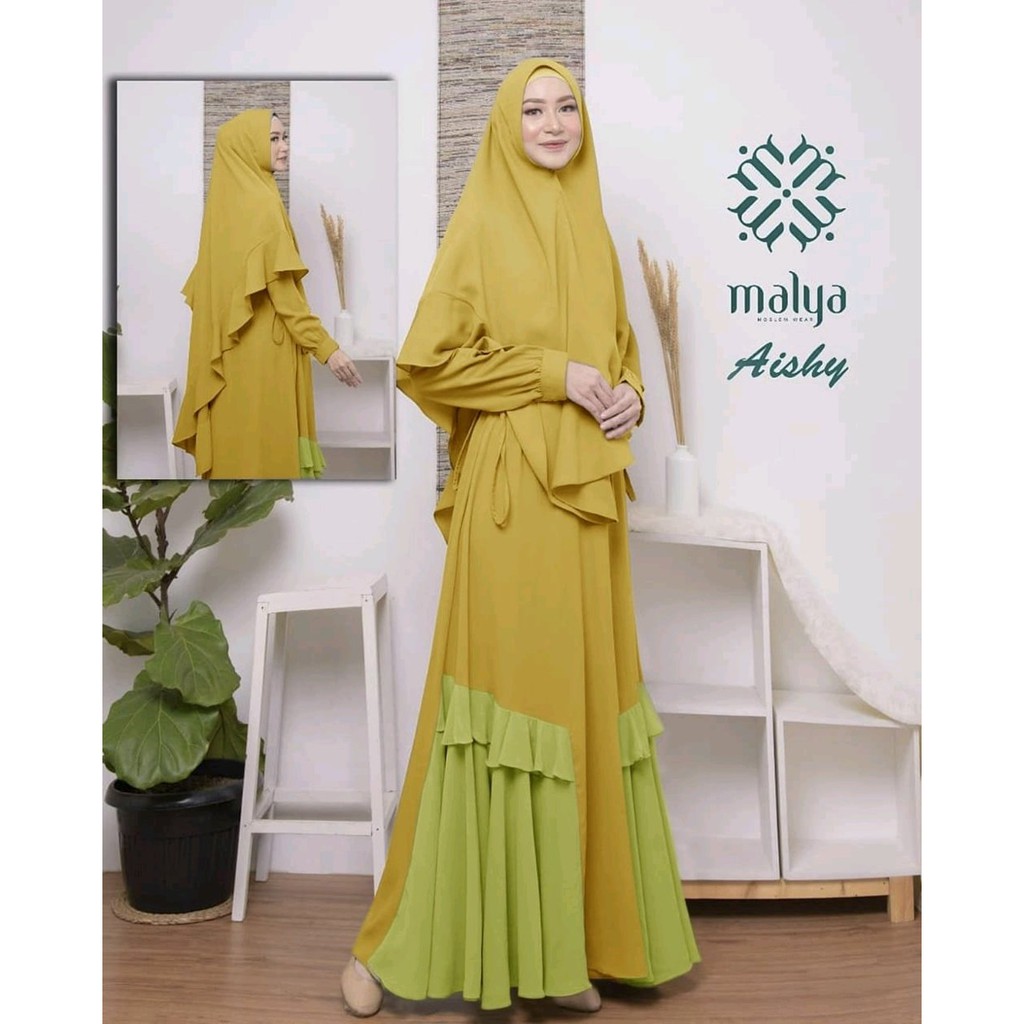 Gamis Muslim Syari Aishy Maida Mustard + Dapat Hijab Bahan Valentino Mosscrepe Import HQ + 2 Warna