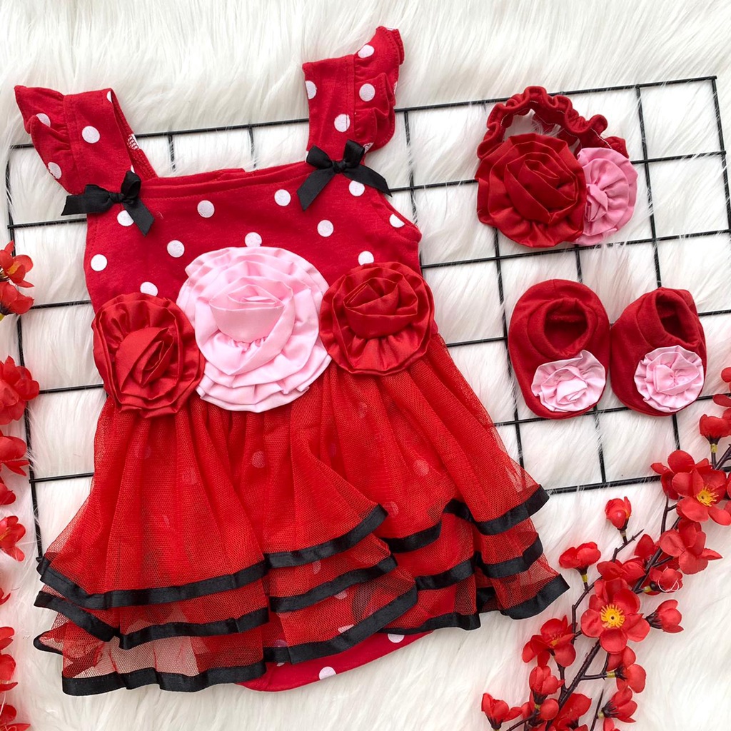 Baju jumper tile lucu free bandana booties sepatu motif bunga 3D baby girl bayi perempuan pergi jalan murah kekinian jalan-jalan cantik -gwen