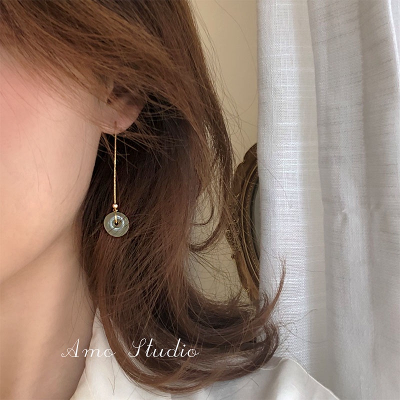 925 anting-anting alami giok sederhana berlapis perak aksesoris perhiasan anting gadis perempuan-B