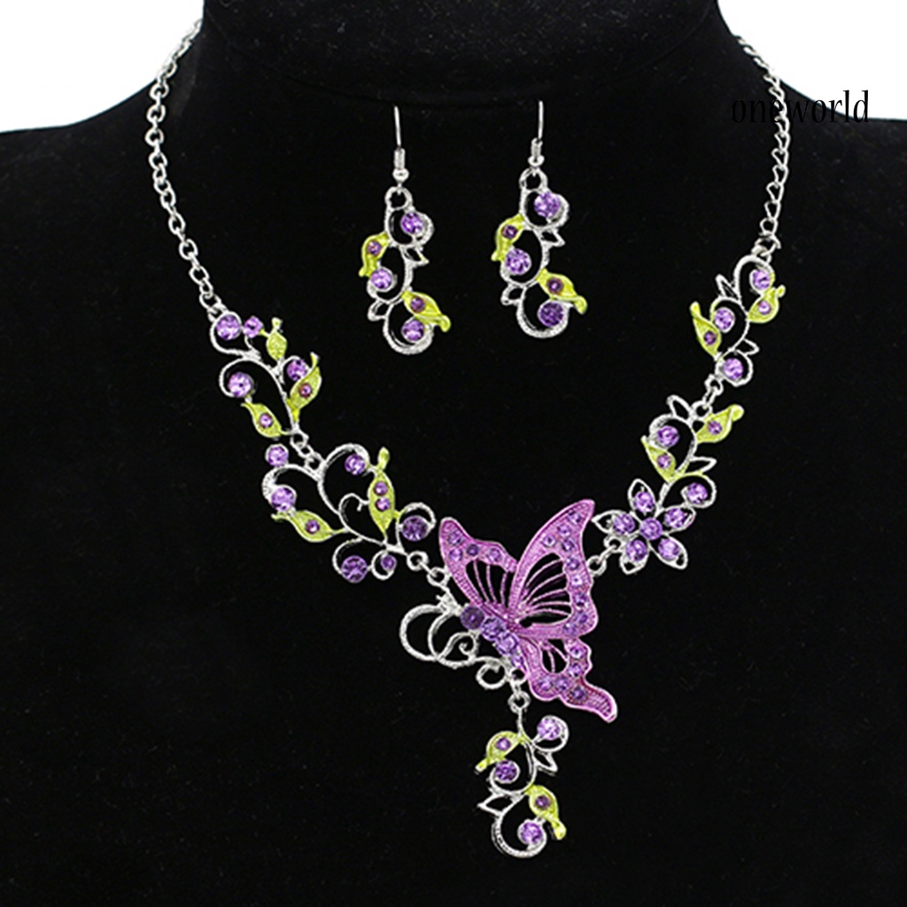 OW@ Lady Bridal Vinatge Butterfly Flower Bib Statement Necklace Earrings Jewelry Set