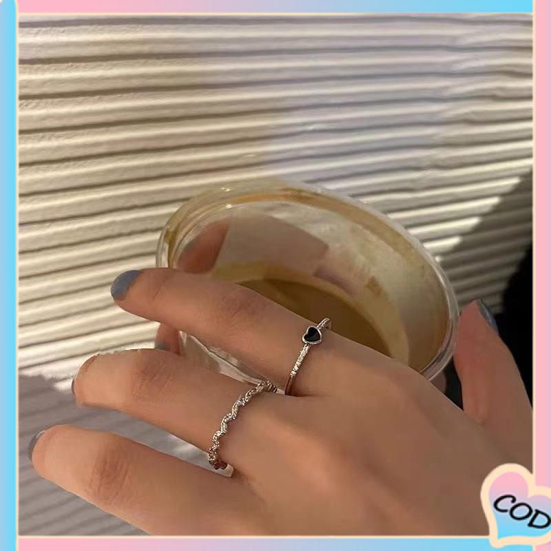 COD❤️ 2 pcs Cincin Zirkon Hitam Wanita High-end Fashion Kepribadian Jari Telunjuk Cincin-A.one