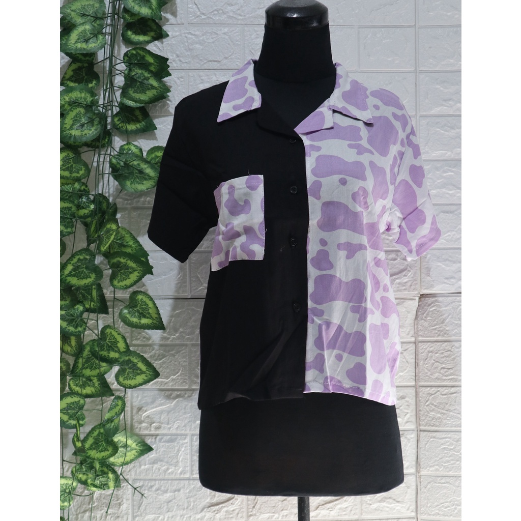 Baju Kemeja Wanita Two Tone Animal Kekinian / Kemeja dua warna / Top Wanita / Atasan Wanita-Sapi Lavender