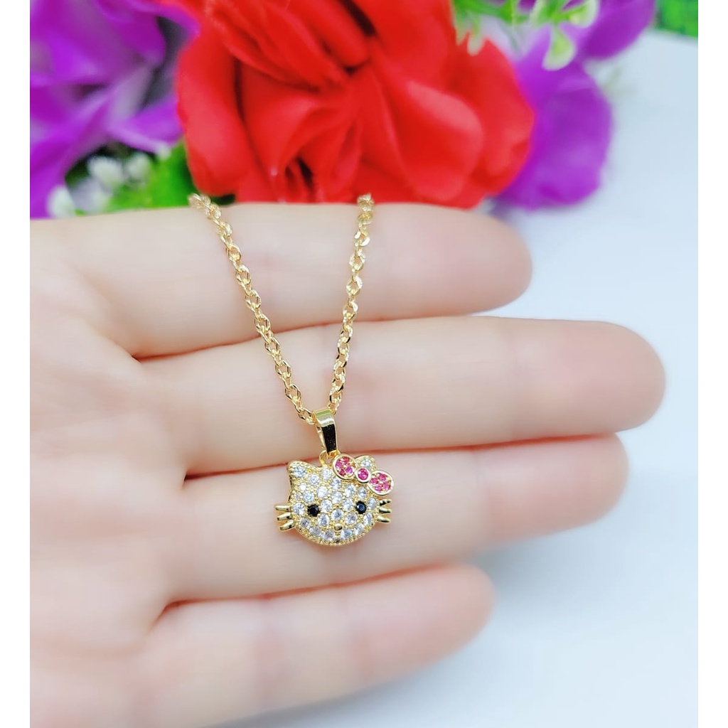 Xuping kalung dan anting Hello Kitty permata lapis emas 0255,0256