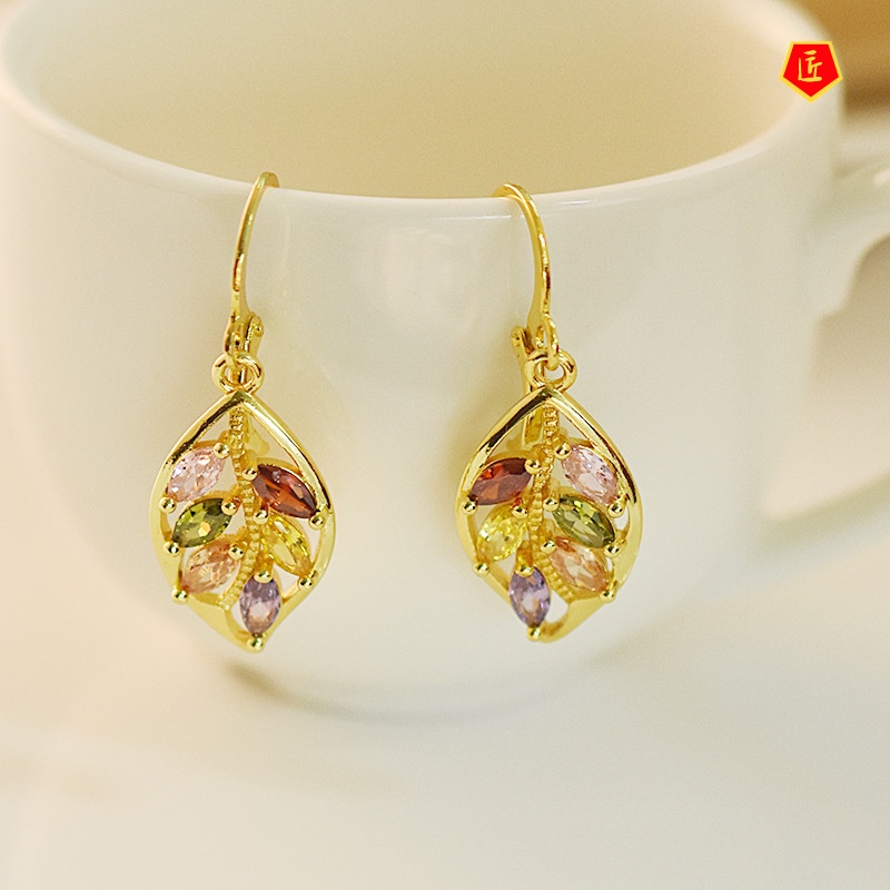 [Ready Stock]New 18K Gold Leaf Inlaid Colored Gemstone Earrings