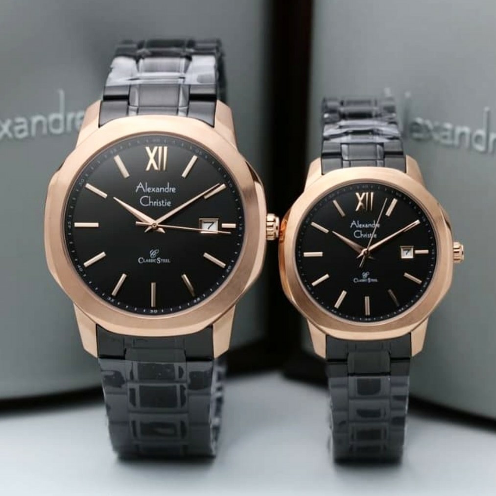AC alexandre Christie  8619 couple original stainless steel hitam rose gold