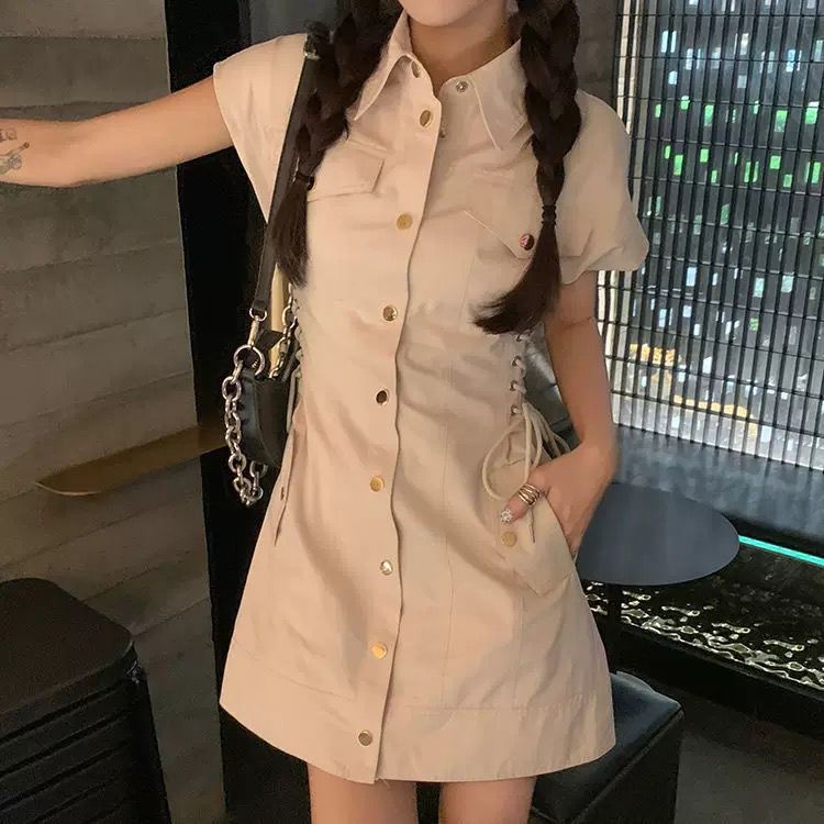 [littlecrab] Dress Wanita Cream Berkerah Full Kancing High Class Dress Berkualitas Street Style Dress High Quality Dress Pendek Tanpa Lengan Model Leher Kerah Dress Simple Elegan Casual Korean Style