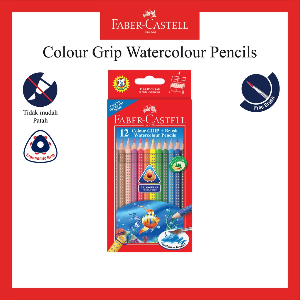 

Pensil Warna Faber Castell Grip 12 Warna / Watercolour Pencil Grip 12 Long / Bonus Kuas