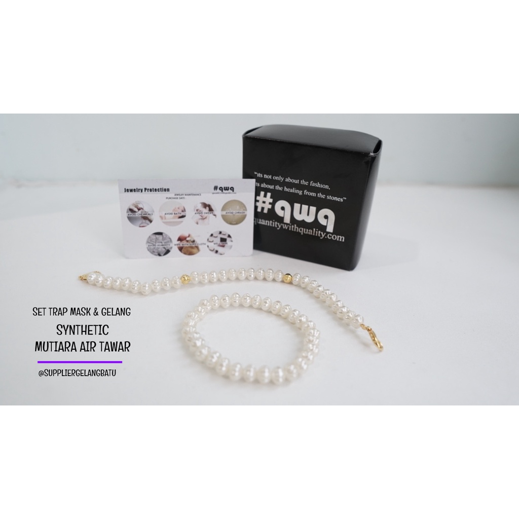 1 set STRAP MASK dan GELANG Mutiara Sintetis BULAT ULIR 8MM WHITEPEARL