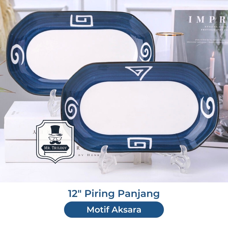 Piring Saji Panjang 12 Inch Keramik Motif Jepang Plate Sushi Dinner Alat makan Long Plate Persegi