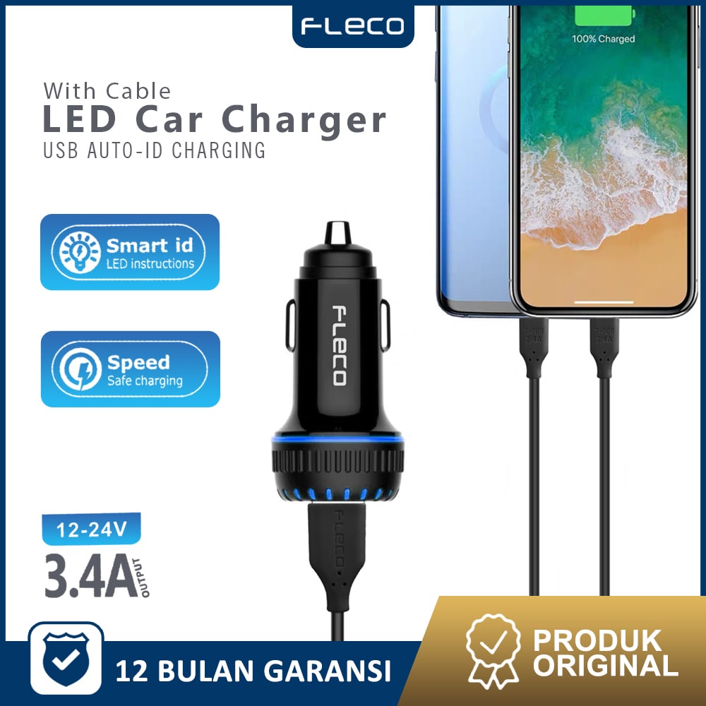 Car Charger Colokan Mobil 2 Ports Saver F-87 FLECO Gratis Kabel