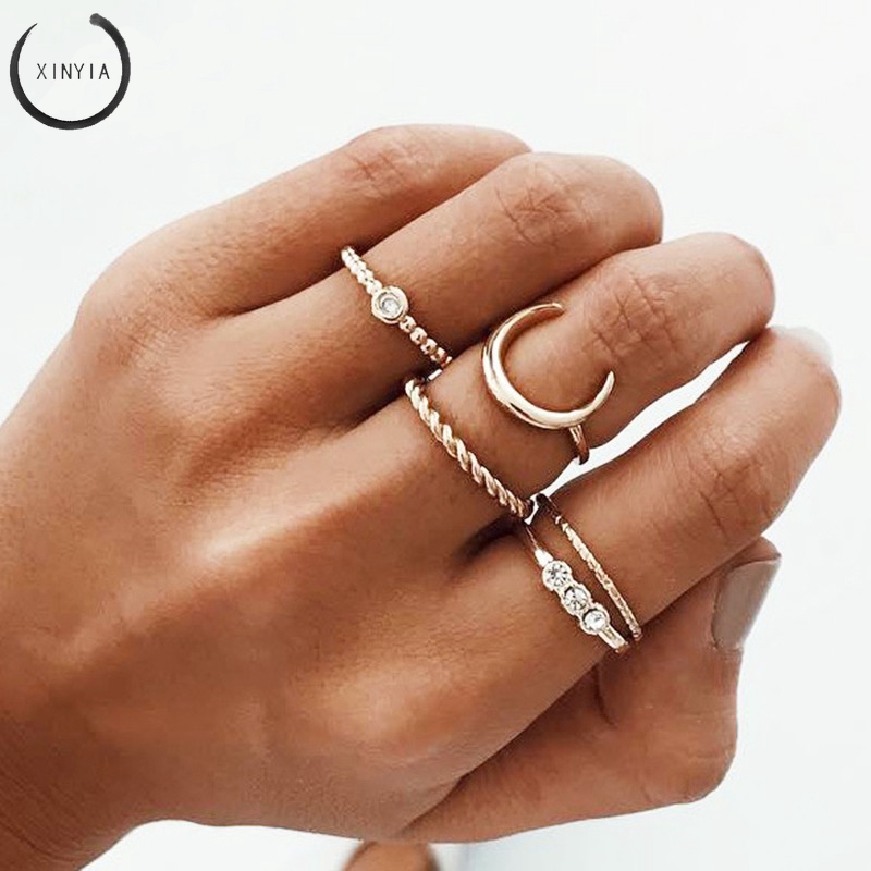 5Pcs Cincin Vintage Boho Model Stackable Bulan untuk Wanita