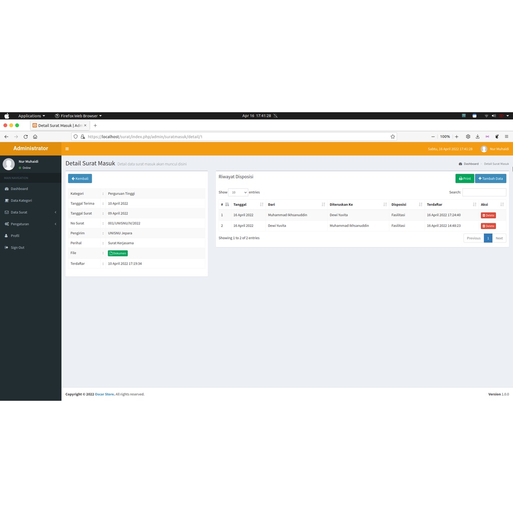 Aplikasi Manajemen Surat atau Disposisi Surat Sederhana Berbasis Website dengan Framework CodeIgnite
