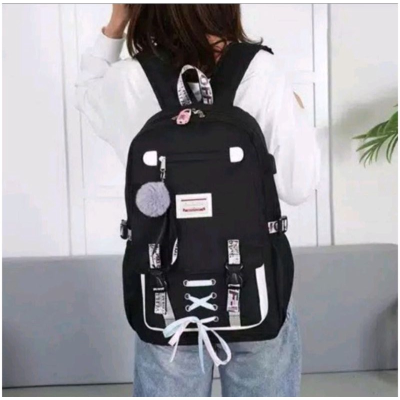 Tas Ransel Remaja Sekolah Pita tengah Laki laki perempuan sd,smp,sma kekinian-Hitam