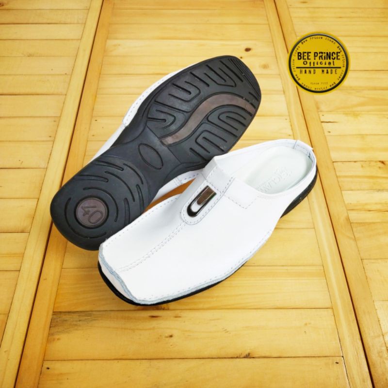 Bee Prince Sandal Sepatu Pria Selop Laki laki  Bustong Cowok Pansus Putih Tutong Daltu Kulit Asli