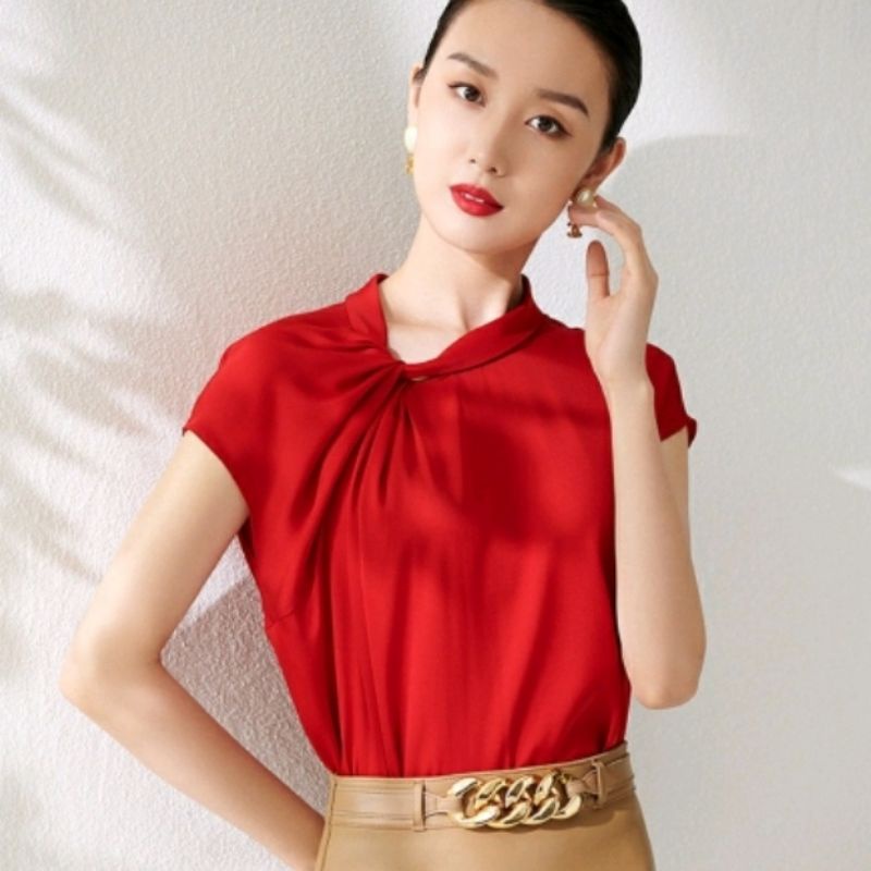 CHRYSALIS Twist Neck Top Blouse Lengan Pendek - Baru Murah Blus Bahan Silk Satin Import Polos Kualit