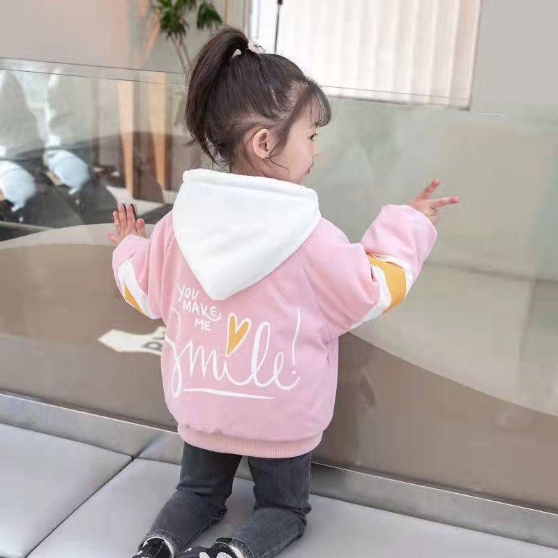 Promo !! Jacket anak cewek / jacket ziper smile text import ukuran 5-12tahun (hijau, pink)