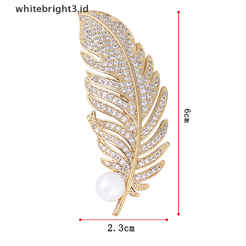 (whitebright3.id) Bros Pin Bentuk Bulu Aksen Kristal + Mutiara Imitasi Untuk Wanita