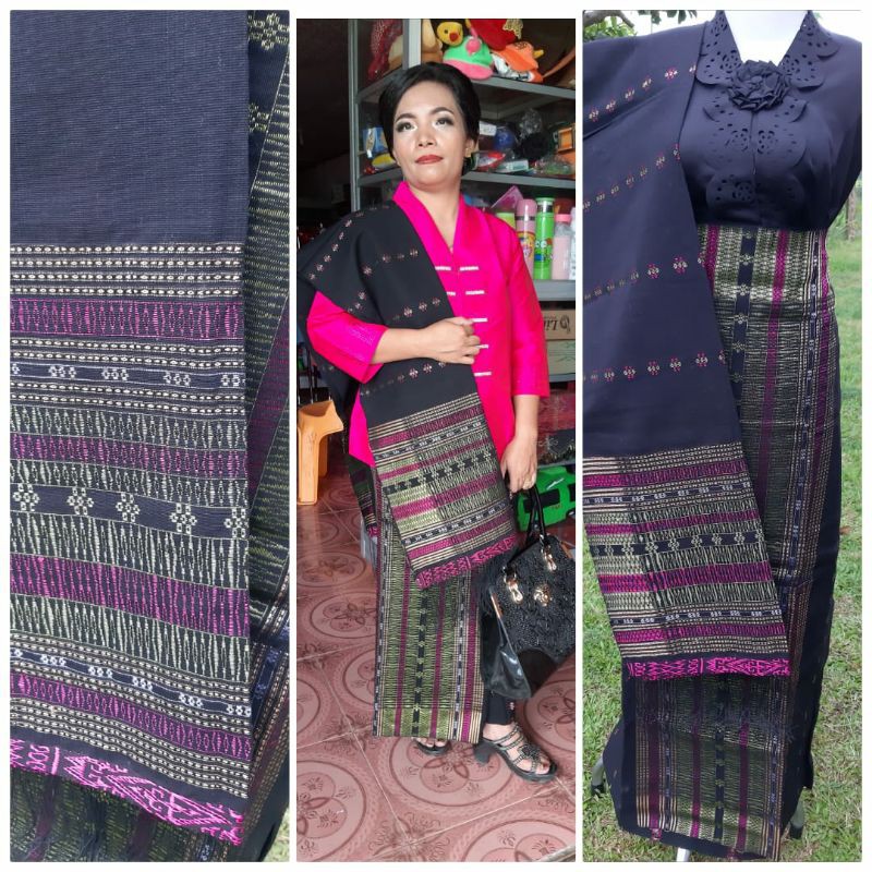 SONGKET PUCCA BINTIK WARNA HITAM CORAK PINK DAN HIJAU PUCUK PISANG