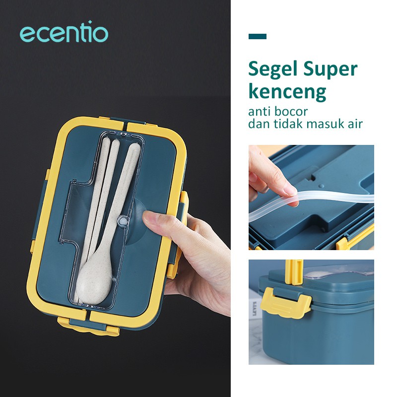 ecentio 3 Grids 1500 ml Lunch Box With Free Sendok dan Sumpit BPA Free Kotak makan portabel