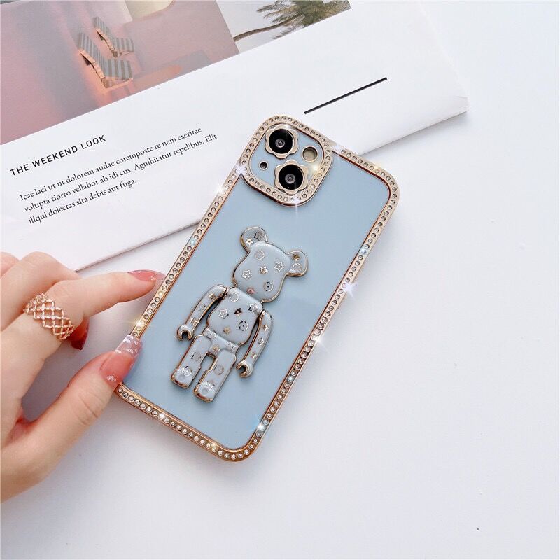 Case Pelindung Lensa electroplating Desain Beruang Aksen Berlian Imitasi Untuk Iphone 13 pro max 11 12 pro