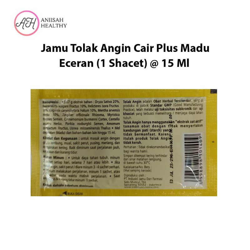 Herbal Tolak Angin Cair Plus Madu Eceran ( 1 Shacet) @ 15 Ml