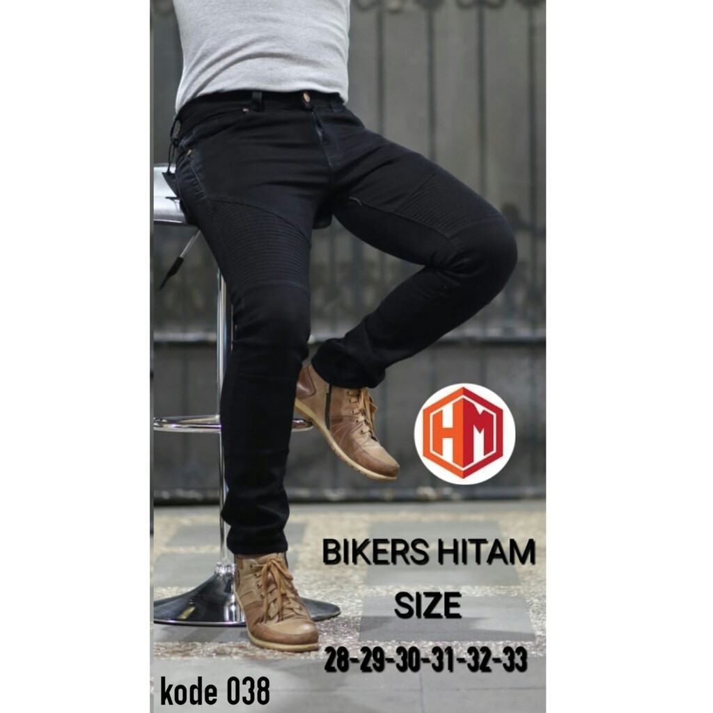 Celana Jeans Pria Skinny Biker Motor Ripped Knee Rips Sobek Robek Black Denim Streact Berkualitas