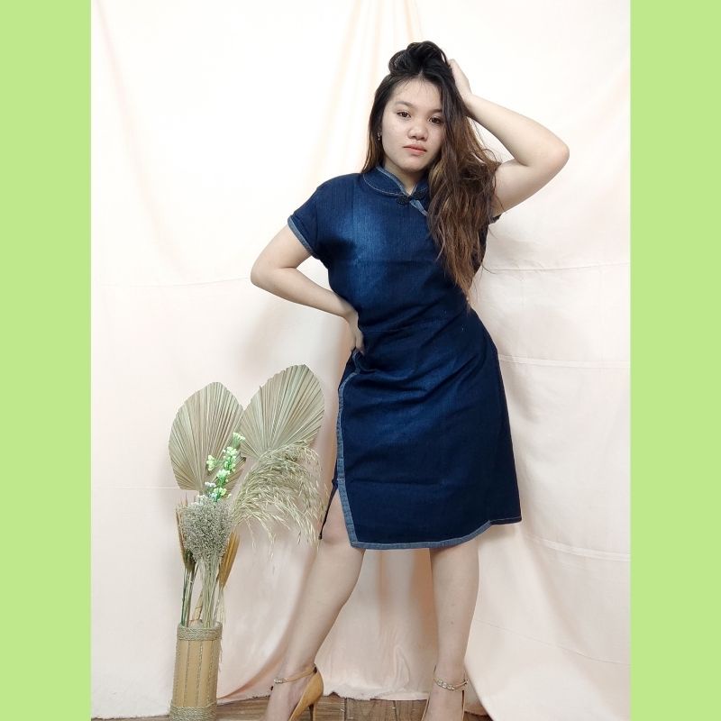 SB Collection Midi Dress Clarine Cheongsham Jeans Wanita