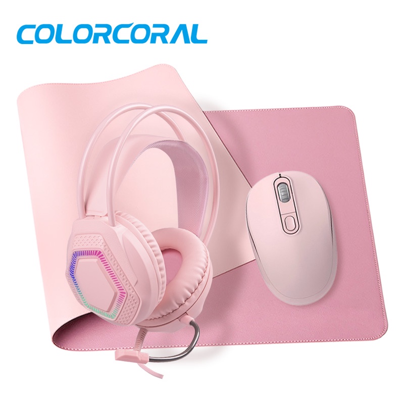 ColorCoral Mouse Wireless Mouse Pad Headphone Set Pink Hitam