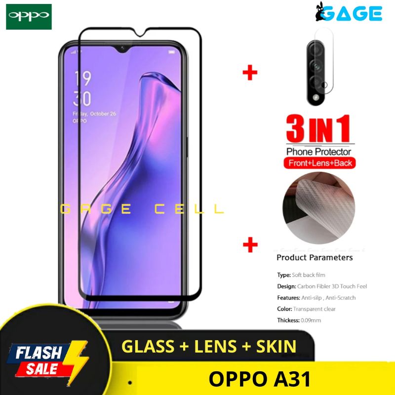 PAKET 3IN1 TEMPERED GLASS LAYAR KAMERA SKIN CARBON OPPO A31 TG ANTI GORES FULL SCREEN PROTECTOR