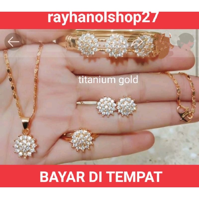 SET LENGKAP WANITA DEWASA TITANIUM GOLD ANTI KARAT LAPIS EMAS 24 K MOTIF BULAT FULL PERMATA CRISTAL