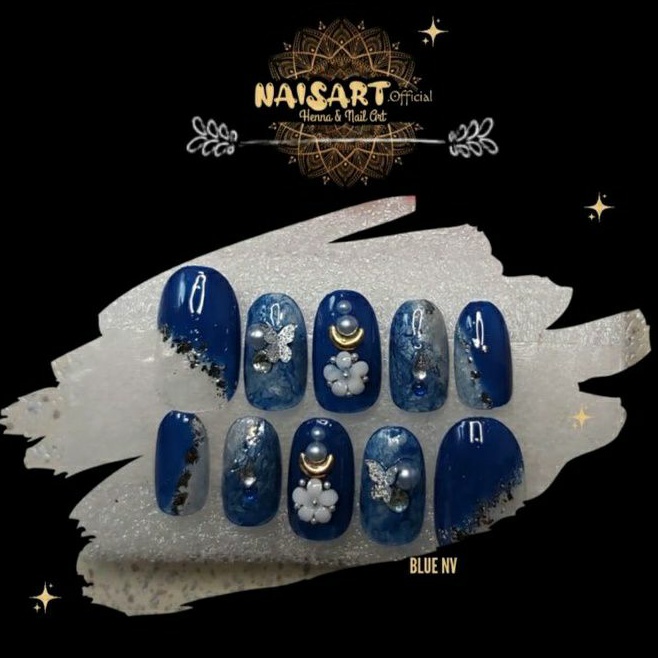 Nail Art biru navy, Kuku palsu lamaran, wedding, praweding, pesta dan lainnya