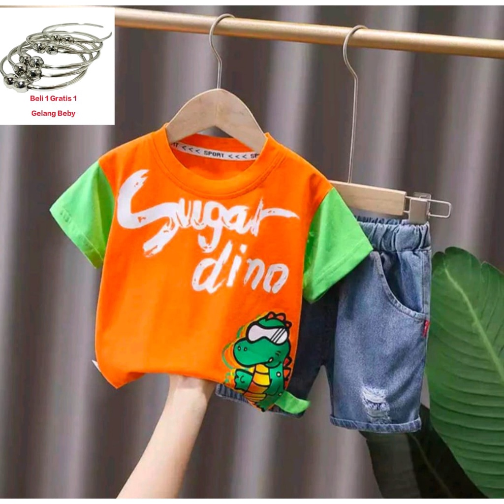 JEANS SET | SETELAN SOFT JEANS  DENIM ANAK LAKI-LAKI DAN PEREMPUAN TERBARU SETELAN SOFT JEANS SUGAR DINO UMUR 1-5 TAHUN