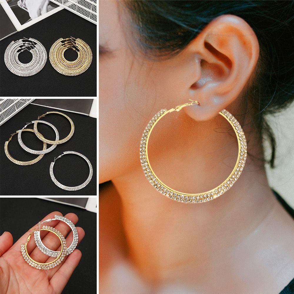 Preva Anting Hoop Kristal Berkilau Lingkaran Bulat Besar Baris Ganda Berlian Imitasi Menjuntai Perhiasan