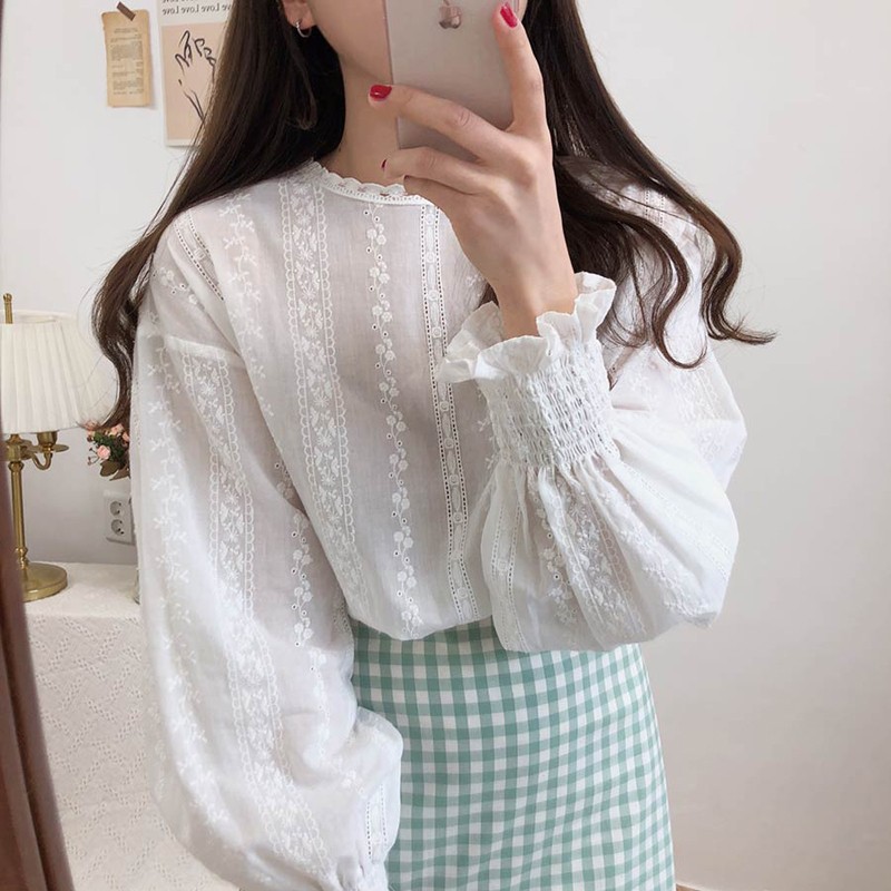 Blus Korea Wanita Potongan Longgar Lengan Panjang Puff Bahan Shifon Model Renda blouse wanita korea atasan wanita-3