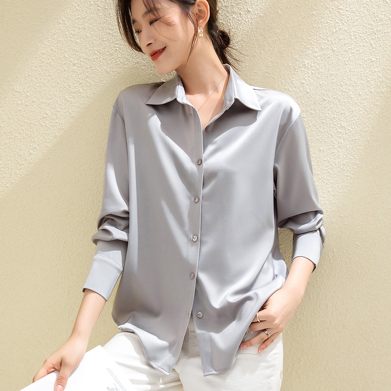 【Moon Blush】Korean Solid Button Import Halus Lembut Satin Shirt 7053(S/M/L)