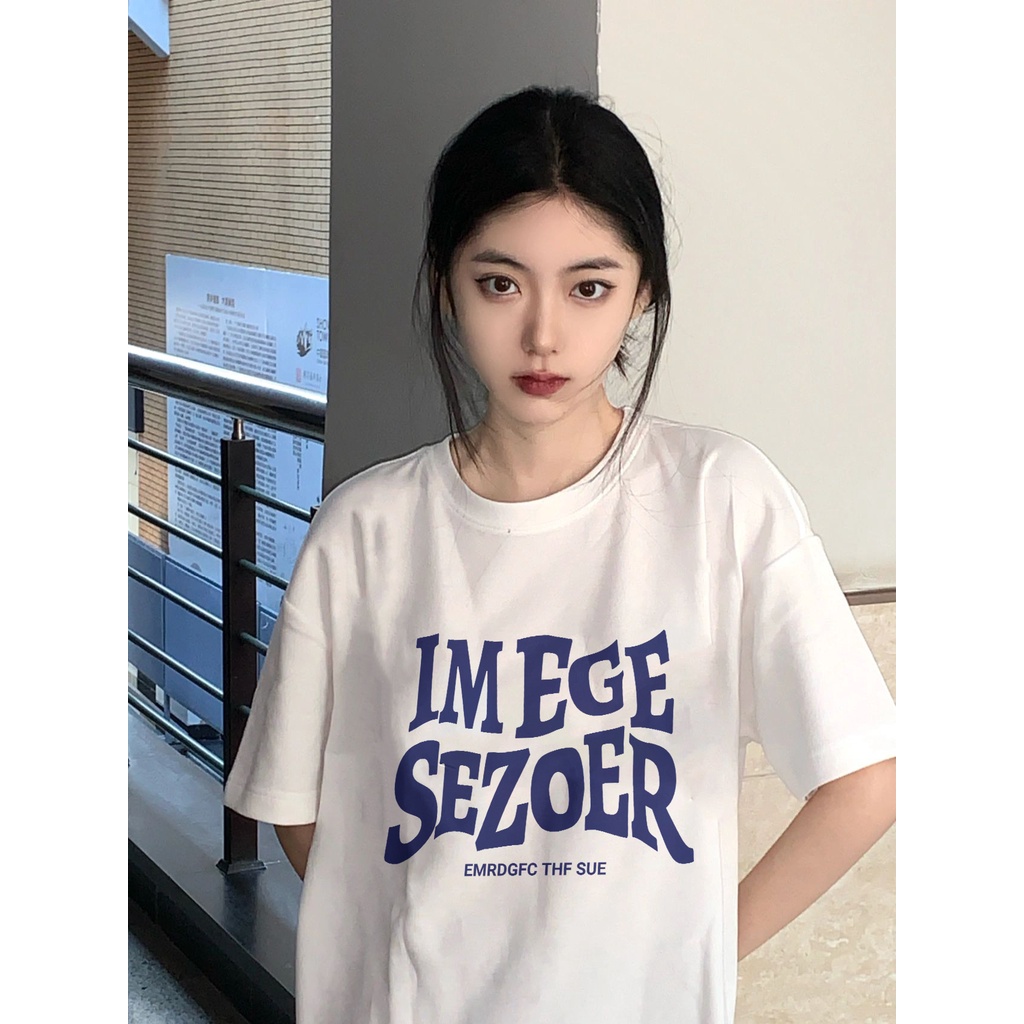 EUNII T-shirt Lengan Pendek Biru Modis Bahasa Inggris Longgar Korean Style/Kaos Atasan Wanita/Baju Kaus Oversize Wanita