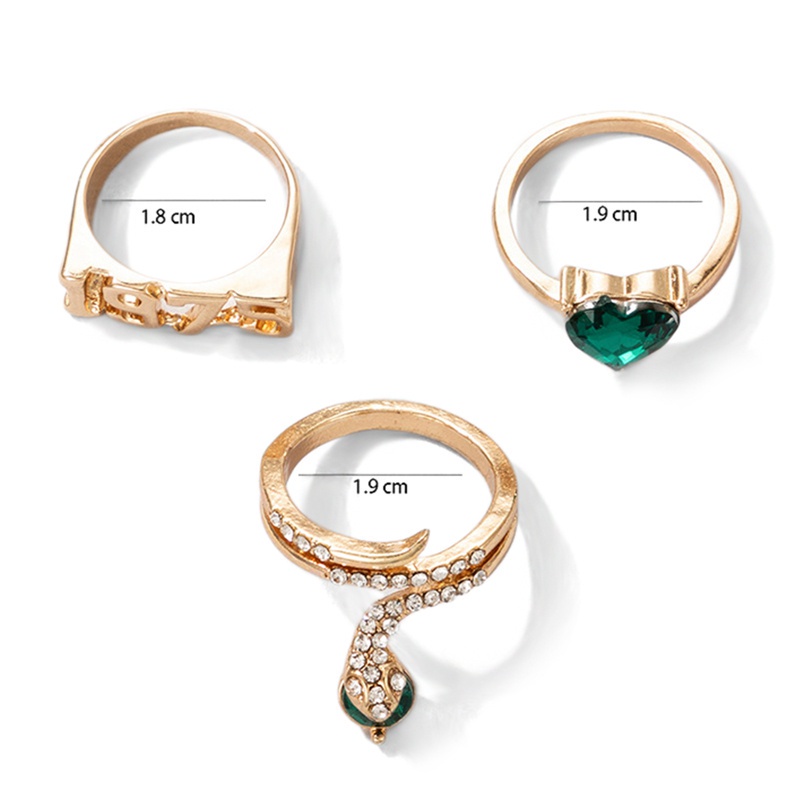 3pcs/Sets Shiny Green Crystal Stone Heart Wedding Ring Sets Snake 1975 Letter Alloy Metal For Women Men Jewelry