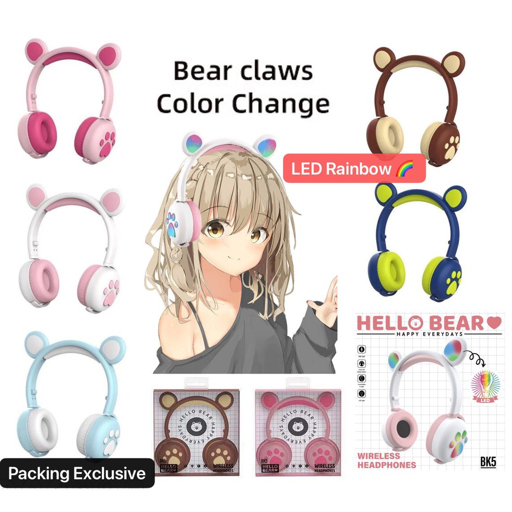 HGM-022 Bear Ear LED Light Headphones / Earphone Bisa Bluetooth / Bisa Kabel Aux Model Telinga