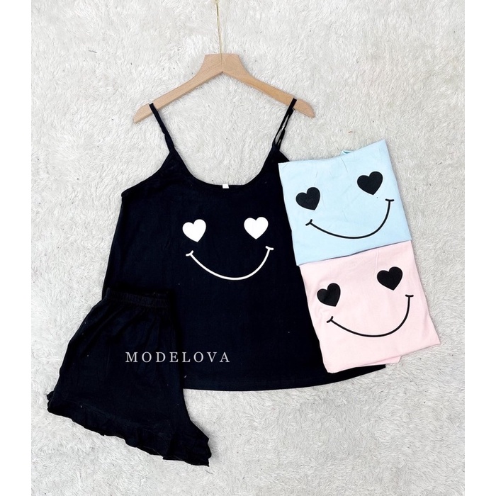 MDLV ~ Baju Tidur Set Smile HP Set Baju Tidur Tanktop Celana Pendek Fashion Wanita