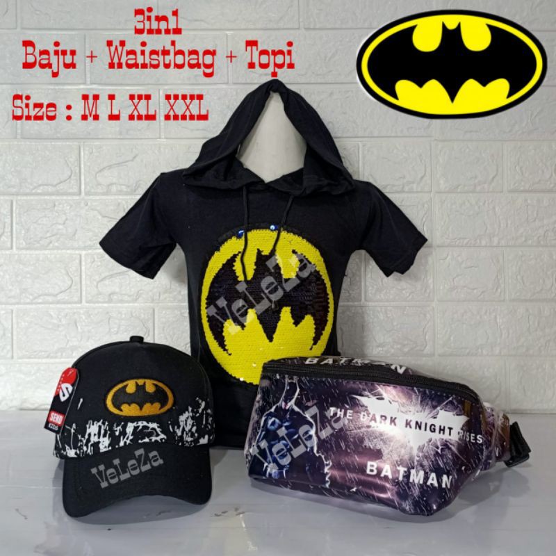 Kaos Hoodie anak karakter superhero 3in1 - kaos hoodiee + waist bag + topi