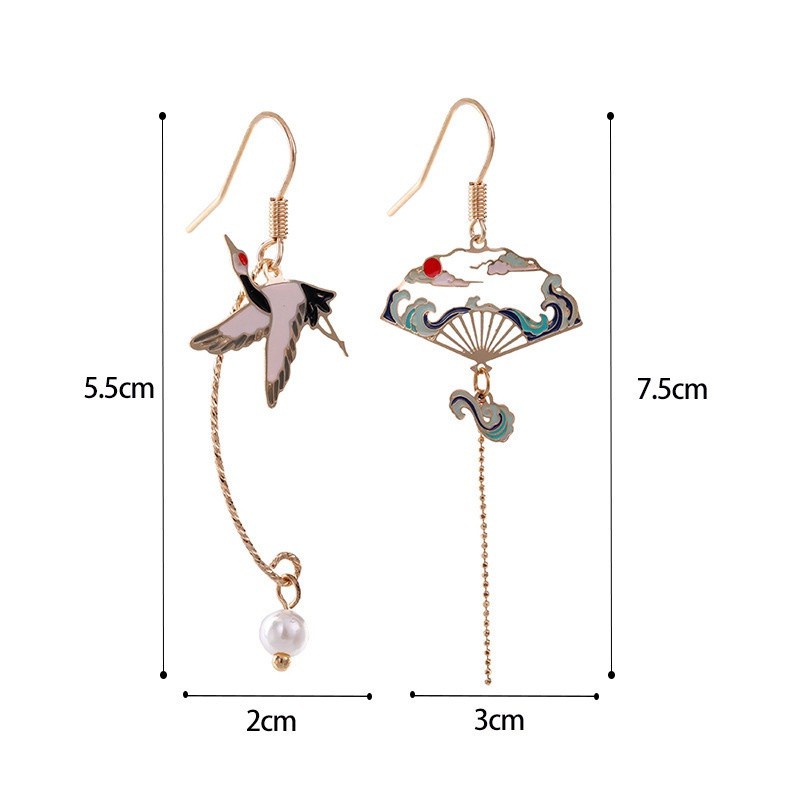 Chinese Style Folding Fan Modeling Crane Cloud Hanging Dangle National Style Earrings For Women Hollow Asymmetric Metal Jewelry|Drop Earrings