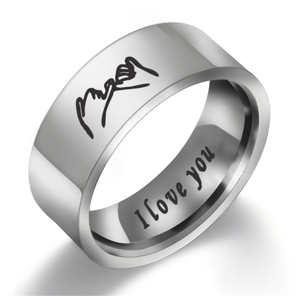 Cincin Pasangan Desain Tangan I Love You Bahan Titanium Silver Warna Hitam Untuk Pria Dan Wanita