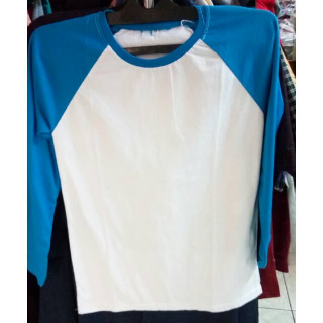 Kaos polos raglan panjang  badan putih lengan biru turkis