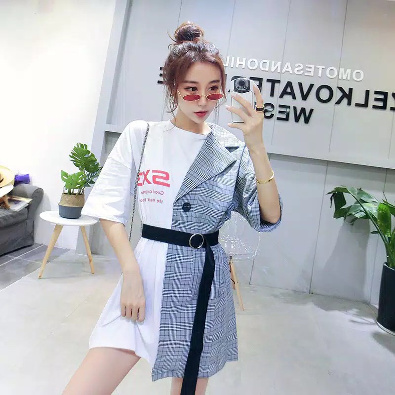 TBI Baju Midi Dress Harajuku Import Plaid Dress Asymmetric Kombinasi Outer Jas Dress Kpop