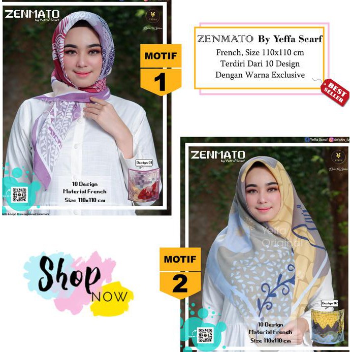 New Jilbab Segiempat Zenmato French Motif By Yeffa Scarf- Hijab Kerudung