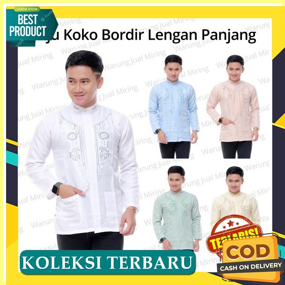 New Baju Koko Muslim Pria Dewasa Keren Model Terbaru 2022 Lebaran Kombinasi Motif Bordir Lengan Pend